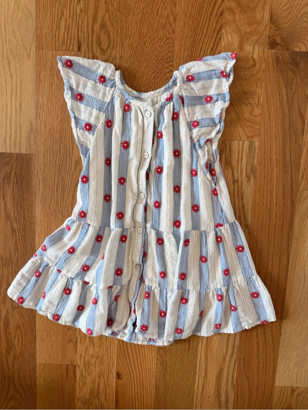 Zara White and Light Blue Striped Dress with Red Floral Embroidery - Picture 1 of 2